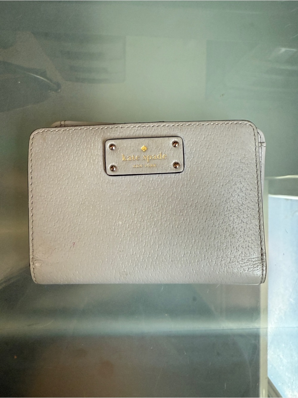 Kate Spade Light Grey Textured Leather Zip-Around Wallet with Gold Plaque